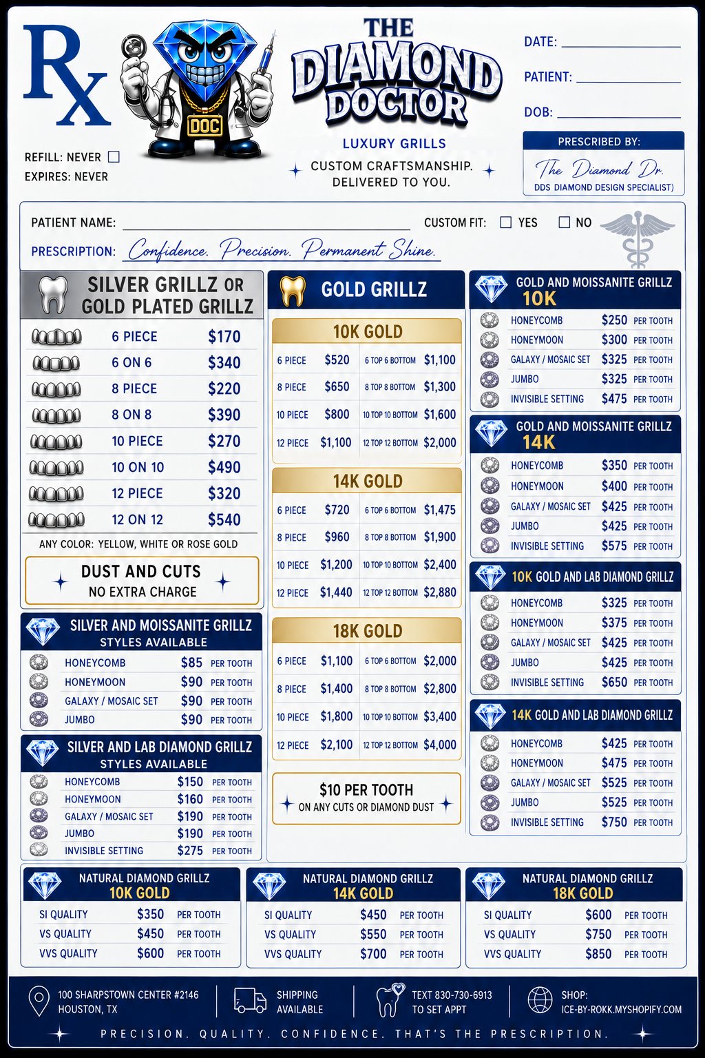 The Diamond Doctor printed prescription-pad price sheet